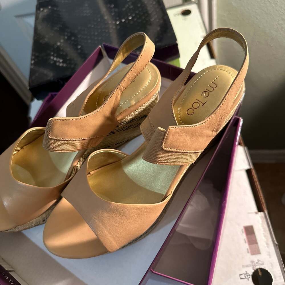 Me Too Sage Tan Leather Athena Woven Wedge Sandals